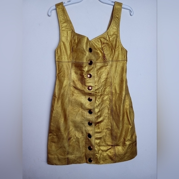 NWT Free People Gold Metallic 100% Leather Button Front Mini Dress size 8 - Picture 2 of 10